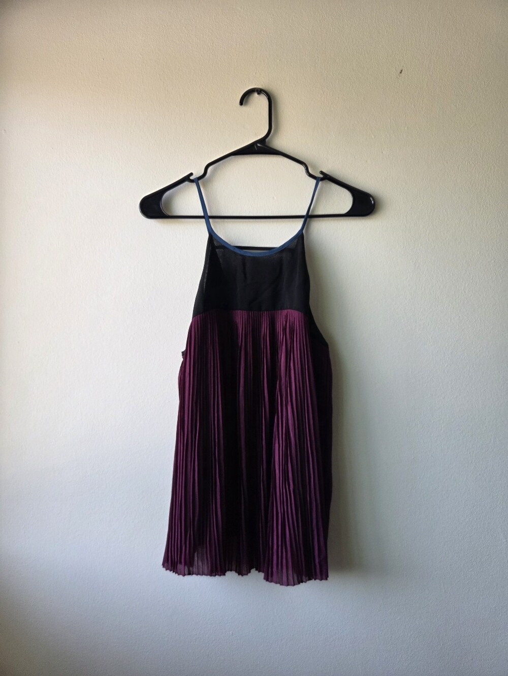 Cooperative Pleated Two-Tone Spaghetti Strap Blouse — Black & Plum